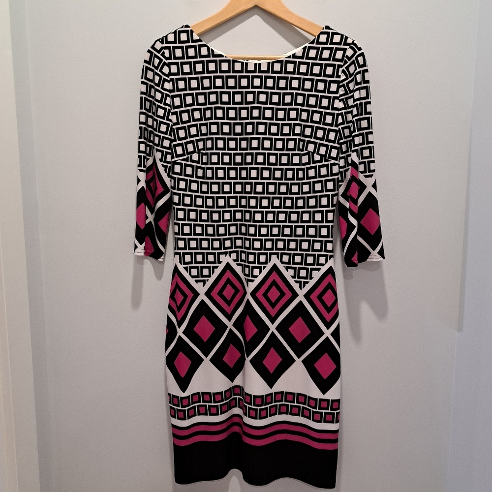 Joseph Ribkoff Black and Pink Geometric Bodycon Retro 60s Mod Dress Womens 6